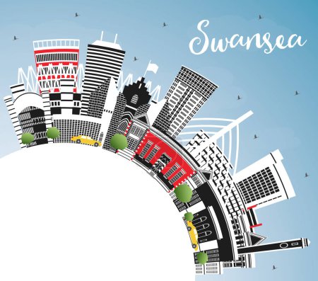 Illustration for Swansea Wales City Skyline with Color Buildings, Blue Sky and Copy Space. Vector Illustration. Swansea UK Cityscape with Landmarks. Business Travel and Tourism Concept with Historic Architecture. - Royalty Free Image