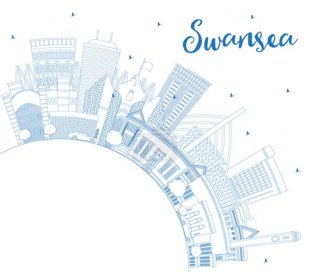 Illustration for Outline Swansea Wales City Skyline with Blue Buildings and Copy Space. Vector Illustration. Swansea UK Cityscape with Landmarks. Business Travel and Tourism Concept with Historic Architecture. - Royalty Free Image