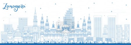 Téléchargez les illustrations : Découvrir Saragosse Espagne City Skyline avec des bâtiments bleus. Illustration vectorielle. Paysage urbain de Saragosse avec des monuments. Voyages d'affaires et tourisme Concept avec architecture historique - en licence libre de droit