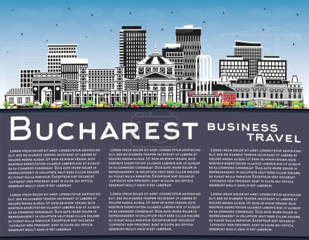 Illustration for Bucharest Romania City Skyline with Color Buildings, Blue Sky and Copy Space. Vector Illustration. Bucharest Cityscape with Landmarks. Business Travel and Tourism Concept with Historic Architecture. - Royalty Free Image