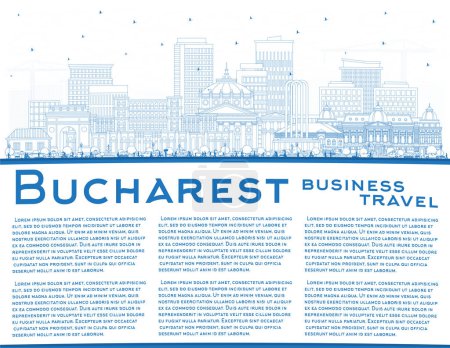 Illustration for Outline Bucharest Romania City Skyline with Blue Buildings and Copy Space. Vector Illustration. Bucharest Cityscape with Landmarks. Business Travel and Tourism Concept with Historic Architecture. - Royalty Free Image