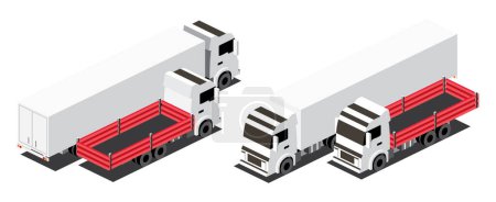 Illustration for Isometric Red Flatbed Cargo Truck and Truck Trailer with Container. Commercial Transport. Logistics. City Object for Infographics. Vector Illustration. Car for Carriage of Goods. Front and Back View. - Royalty Free Image