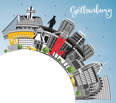 Illustration for Gothenburg Sweden City Skyline with Color Buildings, Blue Sky and Copy Space. Vector Illustration. Gothenburg Cityscape with Landmarks. Business Travel and Tourism Concept with Historic Architecture. - Royalty Free Image
