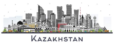 Téléchargez les illustrations : Kazakhstan City Skyline avec bâtiments gris isolés sur blanc. Illustration vectorielle. Concept avec architecture moderne. Kazakhstan Paysage urbain avec des monuments. Nur-Sultan et Almaty. - en licence libre de droit