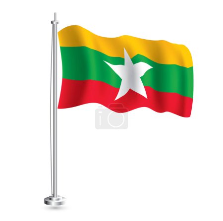 Illustration for Myanmar Flag. Isolated Realistic Wave Flag of Myanmar Country on Flagpole. Vector Illustration. - Royalty Free Image
