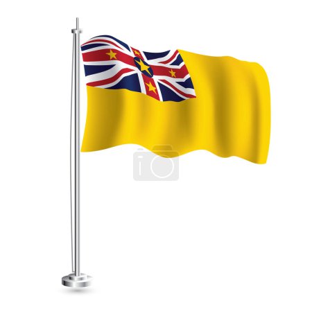 Téléchargez les illustrations : Niue Flag. Vague réaliste isolée Drapeau du pays Niue sur Flagpole. Illustration vectorielle. - en licence libre de droit
