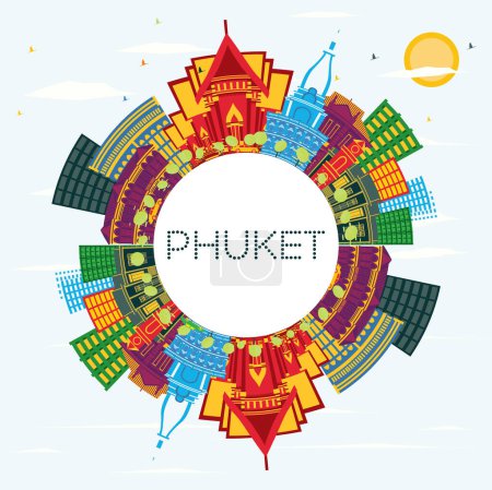 Illustration for Phuket Thailand City Skyline with Color Buildings, Blue Sky and Copy Space. Vector Illustration. Business Travel and Tourism Concept with Modern Architecture. Phuket Cityscape with Landmarks. - Royalty Free Image