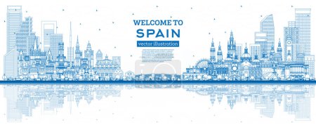 Illustration for Welcome to Spain. Outline City Skyline with Blue Buildings and Reflections. Vector Illustration. Historic Architecture. Spain Cityscape with Landmarks. Madrid. Barcelona. Valencia. Seville. Zaragoza. - Royalty Free Image