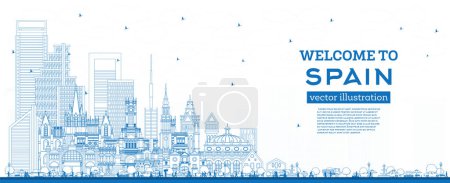 Illustration for Welcome to Spain. Outline City Skyline with Blue Buildings. Vector Illustration. Modern and Historic Architecture. Spain Cityscape with Landmarks. Madrid. Barcelona. Valencia. Seville. Zaragoza - Royalty Free Image