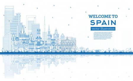 Illustration for Welcome to Spain. Outline City Skyline with Blue Buildings and Reflections. Vector Illustration. Historic Architecture. Spain Cityscape with Landmarks. Madrid. Barcelona. Valencia. Seville. Zaragoza. - Royalty Free Image