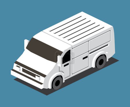 Illustration for Isometric Commercial Vehicle. White Van on Blue Background. Front View. Vector Illustration. - Royalty Free Image
