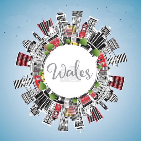 Illustration for Wales City Skyline with Gray Buildings, Blue Sky and Copy Space. Vector Illustration. Concept with Historic Architecture. Wales Cityscape with Landmarks. Cardiff. Swansea. Newport. - Royalty Free Image