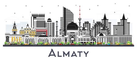 Téléchargez les illustrations : Almaty Kazakhstan City Skyline avec bâtiments de couleur isolés sur blanc. Illustration vectorielle. Paysage urbain d'Almaty avec des monuments. Voyage d'affaires et tourisme Concept avec une architecture moderne. - en licence libre de droit