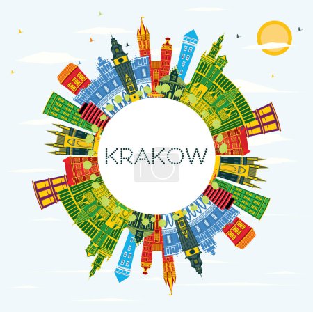 Illustration for Krakow Poland City Skyline with Color Buildings, Blue Sky and Copy Space. Vector Illustration. Business Travel and Tourism Concept with Historic Architecture. Krakow Cityscape with Landmarks. - Royalty Free Image
