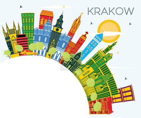 Krakau polnische Stadtsilhouette mit farbigen Gebäuden, blauem Himmel und Kopierraum. Vektorillustration. Geschäftsreise- und Tourismuskonzept mit historischer Architektur. Krakauer Stadtbild mit Sehenswürdigkeiten.