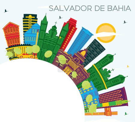 Illustration for Salvador de Bahia City Skyline with Color Buildings, Blue Sky and Copy Space. Vector Illustration. Travel and Tourism Concept with Historic Architecture. Salvador de Bahia Cityscape with Landmarks. - Royalty Free Image
