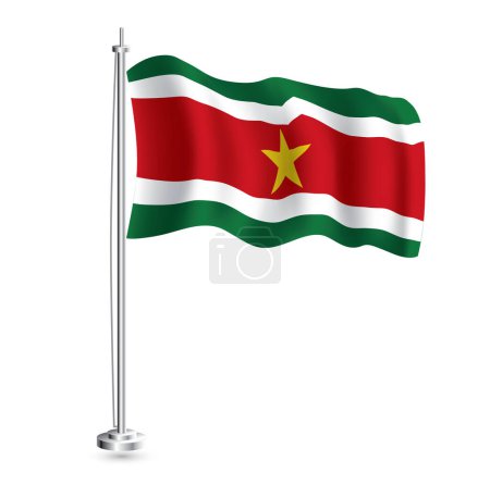 Illustration for Surinamese Flag. Isolated Realistic Wave Flag of Suriname Country on Flagpole. Vector Illustration. - Royalty Free Image