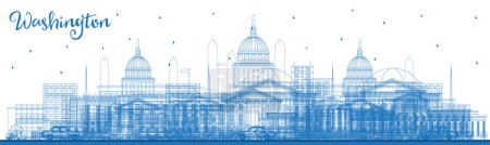 Illustration for Outline Washington DC USA City Skyline with Blue Buildings. Vector Illustration. Business Travel and Tourism Concept with Historic Buildings. Washington DC Cityscape with Landmarks. - Royalty Free Image