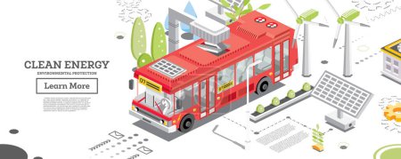 Illustration for Electric Bus with Charging Station. Isometric Concept. Solar Panels and Wind Turbines on a Background. Clean Energy Concept. Ecology Conservation. Vector Illustration. - Royalty Free Image