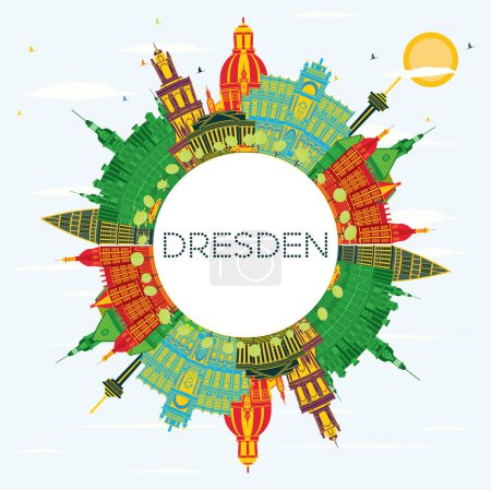 Ilustración de Dresde Alemania City Skyline con edificios a color, cielo azul y espacio de copia. Ilustración vectorial. Concepto de viajes de negocios y turismo con arquitectura histórica. Dresde Paisaje urbano con lugares de interés
. - Imagen libre de derechos