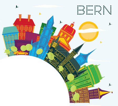 Illustration for Bern Switzerland City Skyline with Color Buildings, Blue Sky and Copy Space. Vector Illustration. Business Travel and Tourism Concept with Historic Architecture. Bern Cityscape with Landmarks. - Royalty Free Image