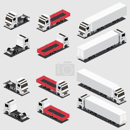 Illustration for Isometric Red Flatbed Cargo Truck and Truck Trailer with Container. Icons Set. Commercial Transport. Logistics. Object for Infographics. Vector Illustration. Front and Back View. - Royalty Free Image