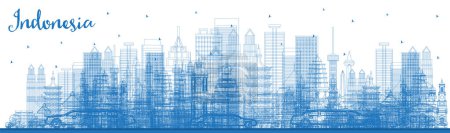 Illustration for Outline Indonesia Cities Skyline with Blue Buildings. Vector Illustration. Tourism Concept with Historic Architecture. Indonesia Cityscape with Landmarks. Jakarta. Surabaya. Bekasi. - Royalty Free Image
