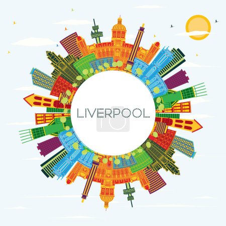 Illustration for Liverpool Skyline with Color Buildings, Blue Sky and Copy Space. Vector Illustration. Business Travel and Tourism Concept with Historic Architecture. Liverpool Cityscape with Landmarks. - Royalty Free Image
