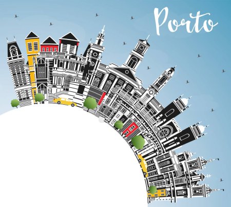 Téléchargez les illustrations : Porto Portugal City Skyline avec bâtiments de couleur, ciel bleu et espace de copie. Illustration vectorielle. Paysage urbain de Porto avec des monuments. Voyages d'affaires et tourisme Concept avec architecture historique. - en licence libre de droit