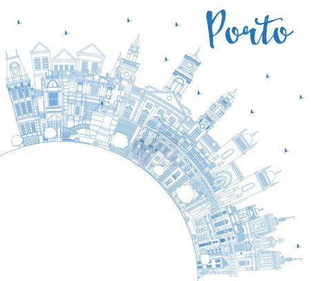 Téléchargez les illustrations : Décrivez Porto Portugal City Skyline avec des bâtiments bleus et de l'espace de copie. Illustration vectorielle. Paysage urbain de Porto avec des monuments. Voyages d'affaires et tourisme Concept avec architecture historique. - en licence libre de droit