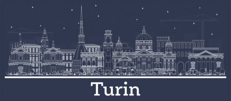 Illustration for Outline Turin Italy City Skyline with White Buildings. Vector Illustration. Business Travel and Tourism Concept with Modern Architecture. Turin Cityscape with Landmarks. - Royalty Free Image