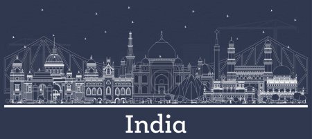 Téléchargez les illustrations : Décrivez India City Skyline avec des bâtiments blancs. Delhi. Hyderabad. Kolkata. Illustration vectorielle. Concept de voyage et de tourisme avec architecture historique. Paysage urbain de l'Inde avec des monuments. - en licence libre de droit