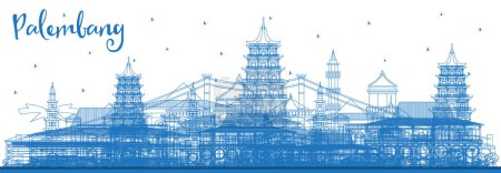 Illustration for Outline Palembang Indonesia City Skyline with Blue Buildings. Vector Illustration. Business Travel and Tourism Concept with Historic Architecture. Palembang Cityscape with Landmarks. - Royalty Free Image
