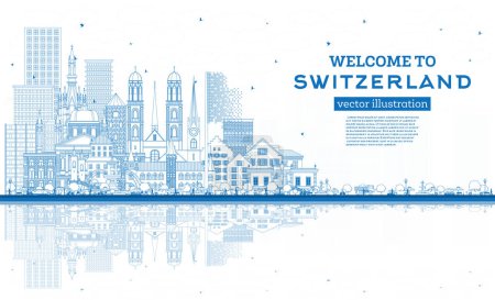 Illustration for Welcome to Switzerland. Outline City Skyline with Blue Buildings. Vector Illustration. Modern and Historic Architecture. Switzerland Cityscape with Landmarks. Bern. Basel. Lugano. Zurich. Geneva. - Royalty Free Image