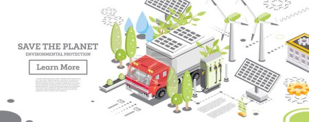 Illustration for Electric Truck with Charging Station. Isometric Concept. Solar Panels and Wind Turbines on a Background. Save the Planet Concept. Ecology Conservation. Vector Illustration. - Royalty Free Image