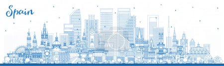 Illustration for Outline Spain City Skyline with Blue Buildings. Vector Illustration. Modern and Historic Architecture. Spain Cityscape with Landmarks. Madrid. Barcelona. Valencia. Seville. Zaragoza. - Royalty Free Image
