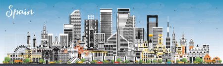 Illustration for Spain City Skyline with Gray Buildings and Blue Sky. Vector Illustration. Modern and Historic Architecture. Spain Cityscape with Landmarks. Madrid. Barcelona. Valencia. Seville. Zaragoza. - Royalty Free Image
