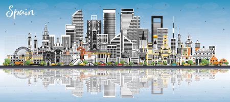 Illustration for Spain City Skyline with Gray Buildings, Blue Sky and Reflections. Vector Illustration. Historic Architecture. Spain Cityscape with Landmarks. Madrid. Barcelona. Valencia. Seville. Zaragoza. - Royalty Free Image