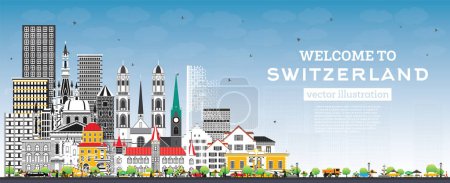 Illustration for Welcome to Switzerland. City Skyline with Gray Buildings and Blue Sky. Vector Illustration. Modern and Historic Architecture. Switzerland Cityscape with Landmarks. Bern. Basel. Lugano. Zurich. Geneva. - Royalty Free Image