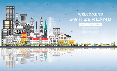 Illustration for Welcome to Switzerland. City Skyline with Gray Buildings and Blue Sky. Vector Illustration. Modern and Historic Architecture. Switzerland Cityscape with Landmarks. Bern. Basel. Lugano. Zurich. Geneva. - Royalty Free Image