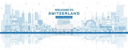 Illustration for Welcome to Switzerland. Outline City Skyline with Blue Buildings. Vector Illustration. Modern and Historic Architecture. Switzerland Cityscape with Landmarks. Bern. Basel. Lugano. Zurich. Geneva. - Royalty Free Image