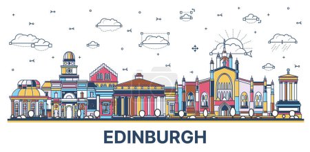Esquema Edinburgh Scotland City Skyline con edificios modernos e históricos de colores aislados en blanco. Ilustración vectorial. Ciudad de Edimburgo con lugares de interés.