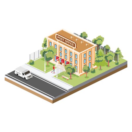 Illustration for Isometric Post Office Building Isolated on White Background. Vector Illustration. Trees and Van. Man Goes with a Parcel to the Post Office. - Royalty Free Image