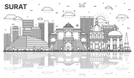 Illustration for Outline Surat India City Skyline with Modern, Historic Buildings and Reflections Isolated on White. Vector Illustration. Surat Cityscape with Landmarks. - Royalty Free Image