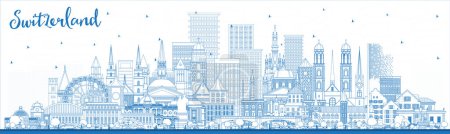 Illustration for Outline Switzerland City Skyline with Blue Buildings. Vector Illustration. Modern and Historic Architecture. Switzerland Cityscape with Landmarks. Bern. Basel. Lugano. Zurich. Geneva. - Royalty Free Image