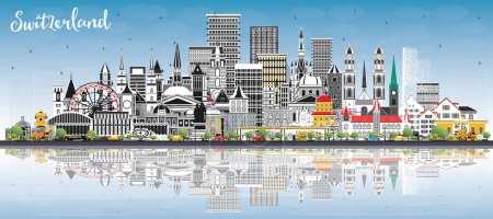 Illustration for Switzerland City Skyline with Gray Buildings, Blue Sky and Reflections. Vector Illustration. Modern Architecture. Switzerland Cityscape with Landmarks. Bern. Basel. Lugano. Zurich. Geneva. - Royalty Free Image