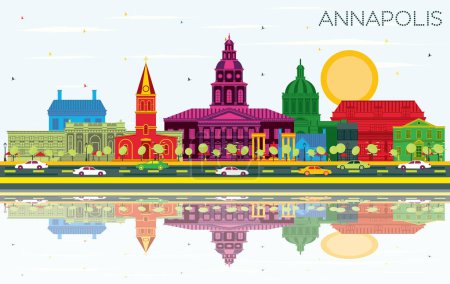 Illustration for Annapolis Maryland City Skyline with Color Buildings, Blue Sky and Reflections. Vector Illustration. Travel and Tourism Concept with Historic Architecture. Annapolis USA Cityscape with Landmarks. - Royalty Free Image