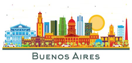Buenos Aires Argentiniens Stadtsilhouette mit farbigen Landmarken in Weiß. Vektorillustration. Buenos Aires Stadtbild mit Sehenswürdigkeiten
