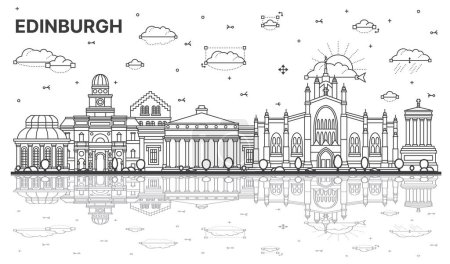 Téléchargez les illustrations : Décrivez Edinburgh Scotland City Skyline avec des bâtiments modernes et historiques et des reflets isolés sur blanc. Illustration vectorielle. Paysage urbain d'Édimbourg avec des monuments. - en licence libre de droit