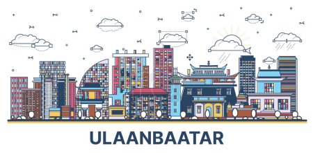 Illustration for Outline Ulaanbaatar Mongolia City Skyline with Colored Historic Buildings Isolated on White. Vector Illustration. Ulaanbaatar Cityscape with Landmarks. - Royalty Free Image